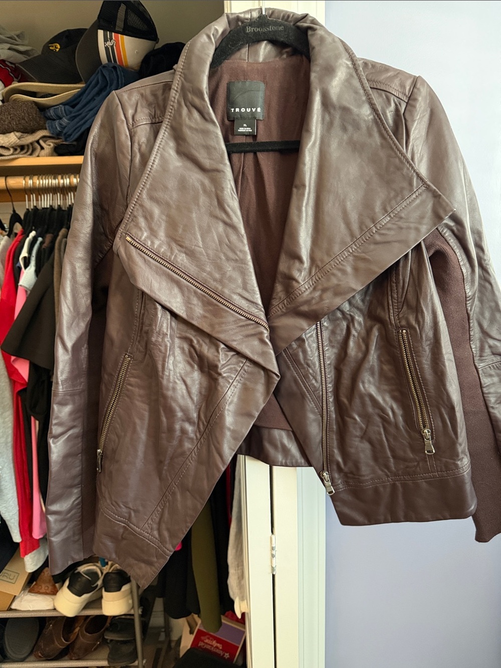 Trouve Chocolate Brown Leather Drape-Front Jacket